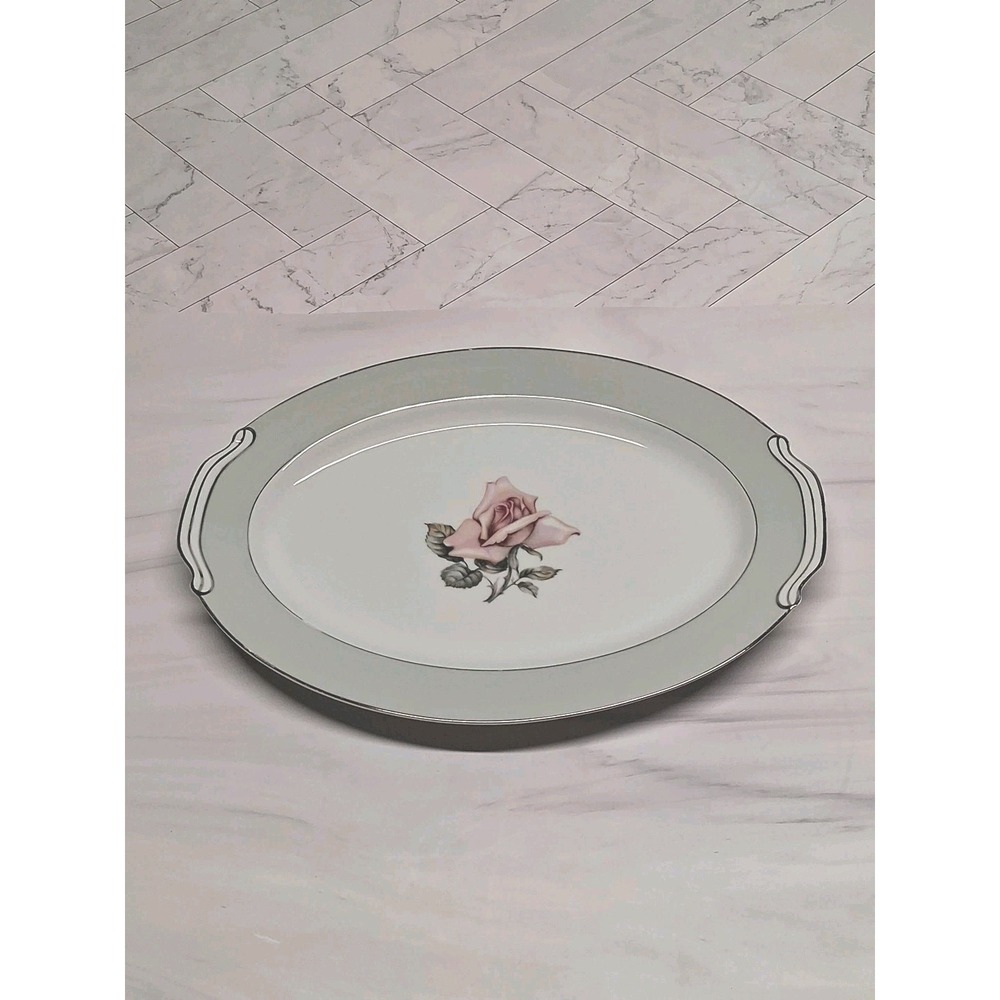 Vintage Halsey Damask Rose Oval Platter 14.5" x 10.5" Made In Japan READ